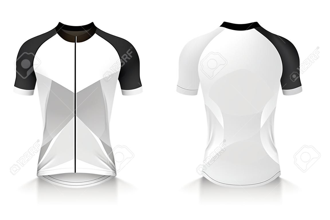 Especificación Plantilla de maillot de ciclismo. simulacro de camiseta deportiva uniforme de cuello redondo para ropa de bicicleta. Diseño de ilustración vectorial, capas de trabajo separadas.