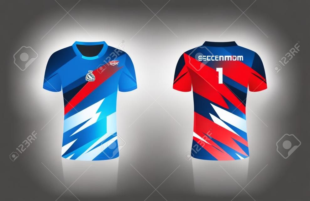 Especificação Soccer Sport, Esport Gaming T Shirt Jersey modelo. mock up uniforme.
