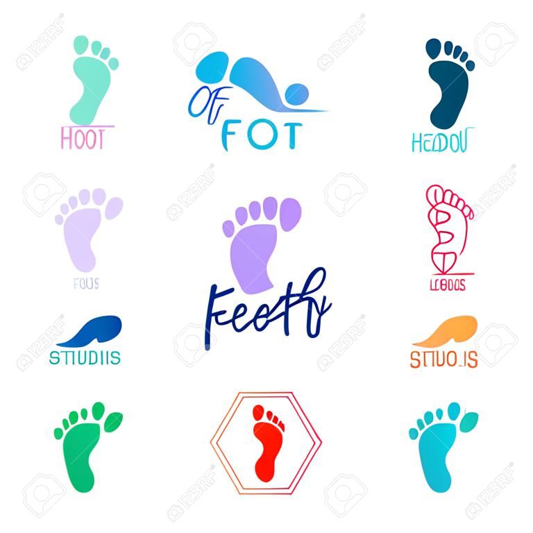 Logo van het centrum van gezonde voeten. Menselijke voetafdruk teken pictogram. Barefoot symbool. Voet silhouet. Business abstract set logo's. Vector illustratie