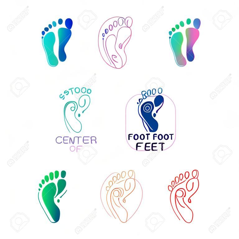 Logotipo do centro dos pés saudáveis. cone do sinal da pegada humana. Símbolo do pé. Silhueta do pé. Logotipos abstratos do conjunto do negócio. Ilustração vetorial