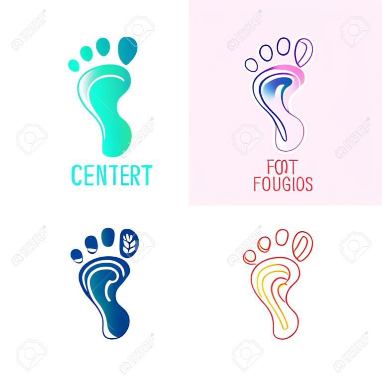 Logo van het centrum van gezonde voeten. Menselijke voetafdruk teken pictogram. Barefoot symbool. Voet silhouet. Business abstract set logo's. Vector illustratie