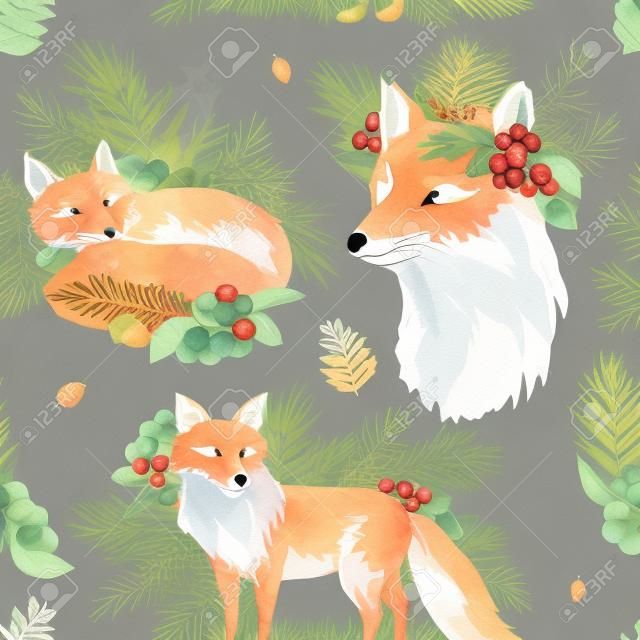 Watercolor woodland fox seamless pattern, Cute fox with forest wreath. Spruce branch, berries, pine cone and autumn leaves. Natural texture of forest animals on black background
