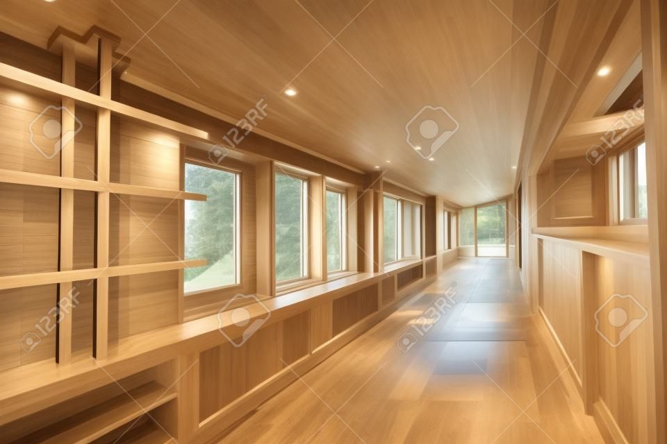 Corridoio interno con pareti in legno e finestre in casa vuota. Design per la casa moderna nuovo e bello. Legno alle pareti marrone chiaro.