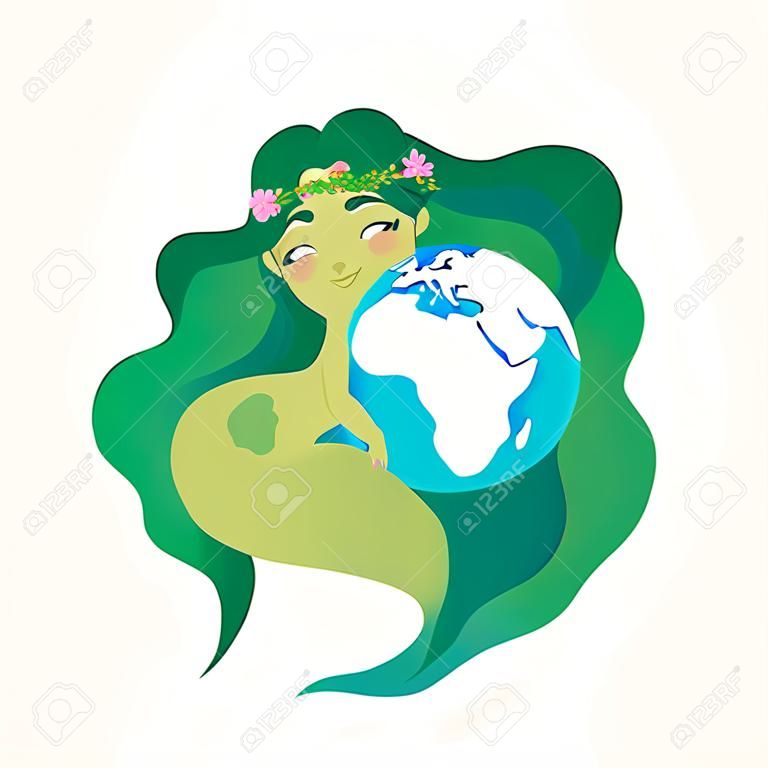 Vrouw die ecologie wereld Aarde dag. Moeder natuur zorg concept.