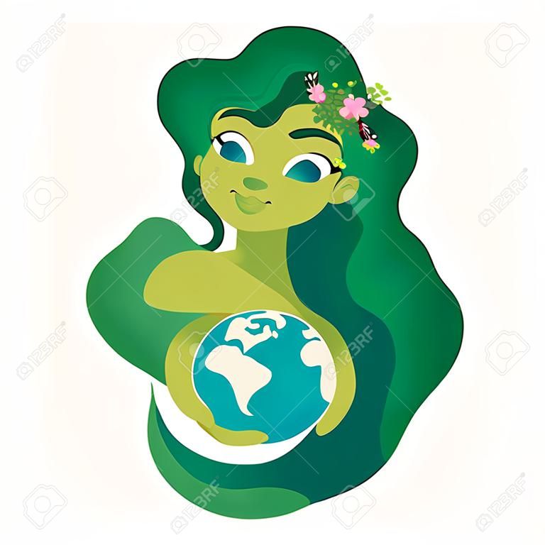 Vrouw die ecologie wereld Aarde dag. Moeder natuur zorg concept.