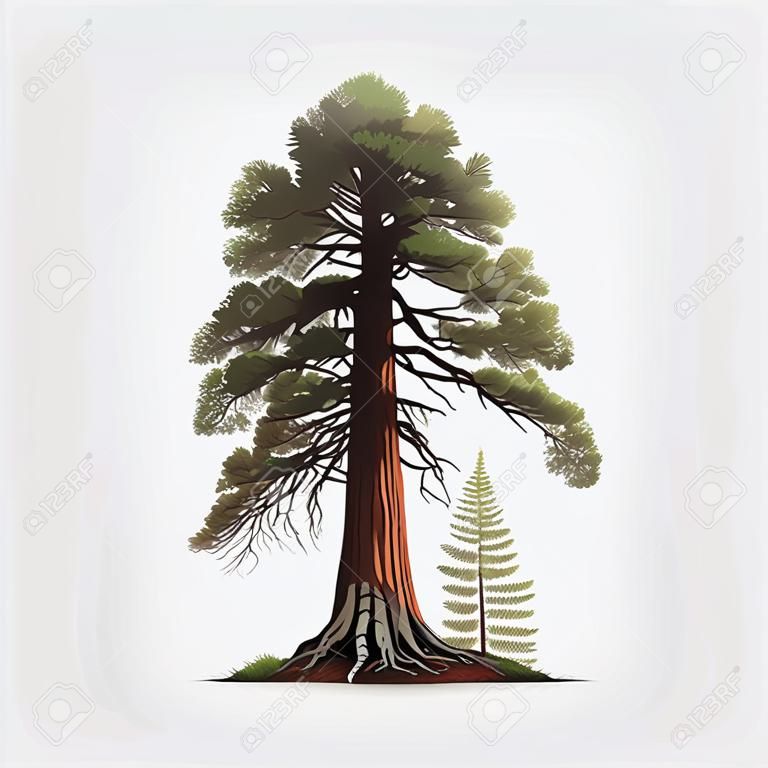 Realistic green tallest tree in the world sequoia on a white background - Vector illustration