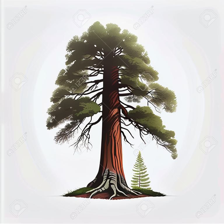Realistico albero verde più alto della sequoia del mondo su un'illustrazione vettoriale di sfondo bianco