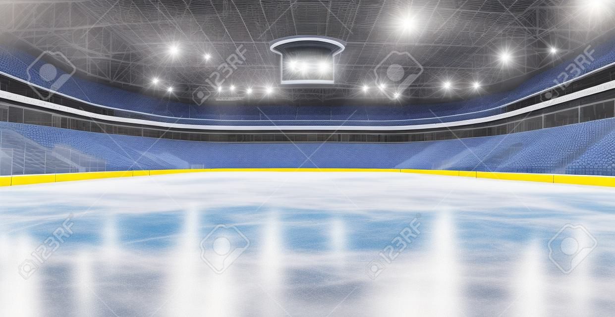 Hockey stadium, empty sports arena with ice rink, cold background with bright lighting AI generated image