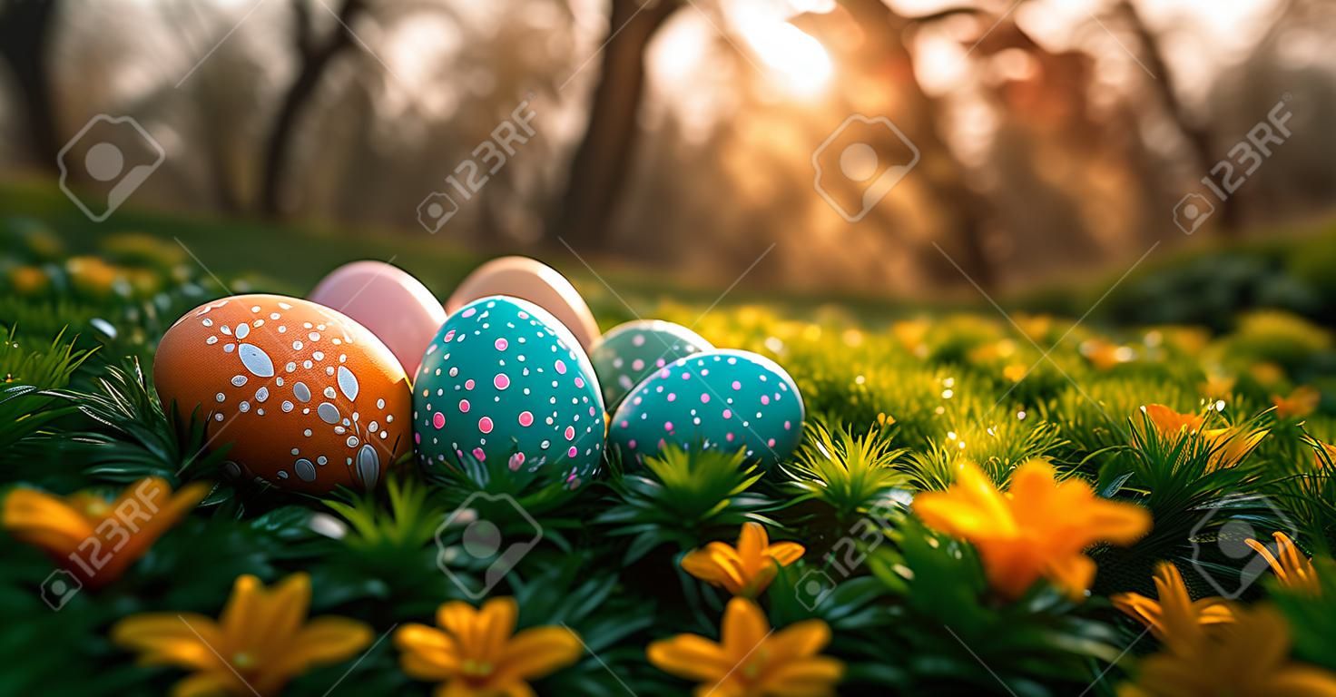 Easter eggs in the grass, holy holiday of Easter AI generated image