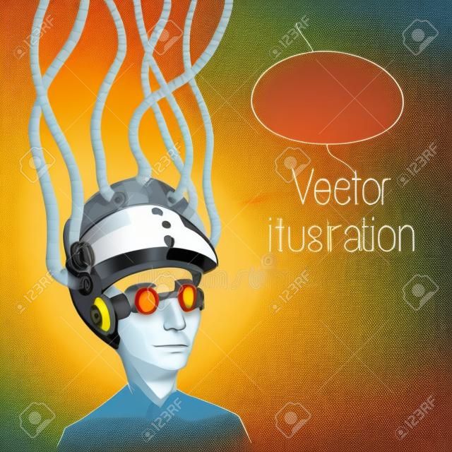 Man wearing a brain-control helmet  Digital addiction  Vector illustration