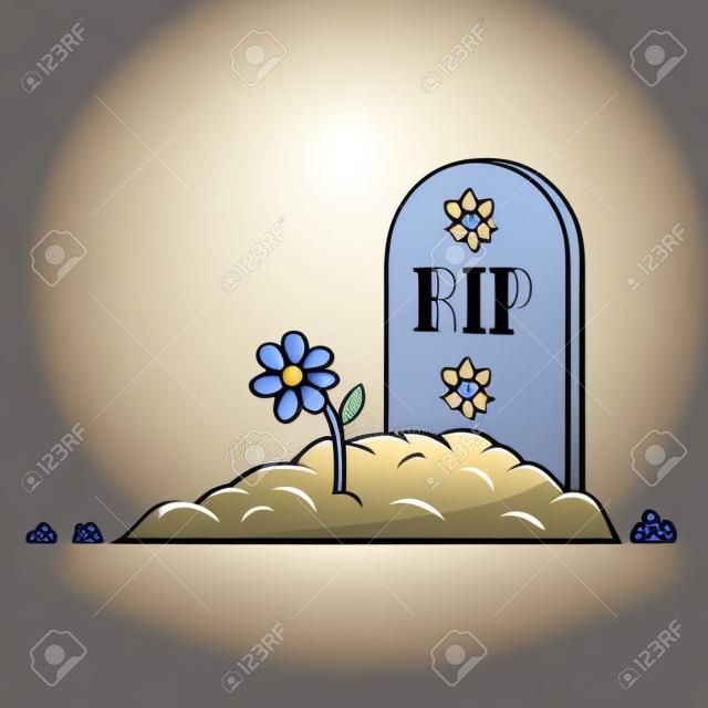 La tumba de dibujos animados con la lápida y la flor. Ilustración vectorial