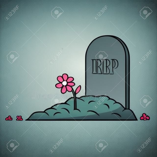 Cartoon grave with tombstone and flower. Vector illustration