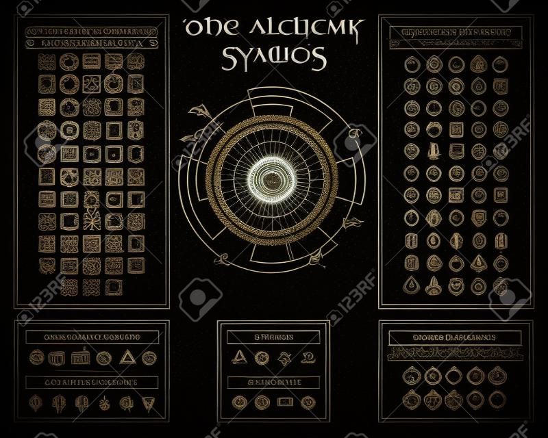 collection of alchemical symbols on dark background