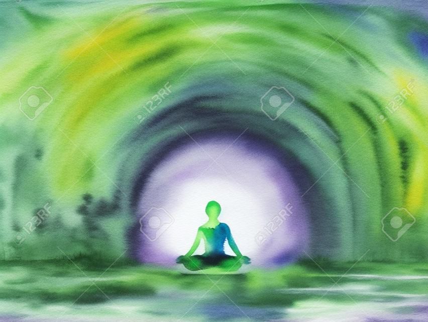 kolor czakry ludzki lotos poza joga w tunelu zielonego drzewa leśnego, abstrakcyjny świat, wszechświat w twoim umyśle mentalny, akwarela malarstwo ilustracja projekt ręcznie rysowane