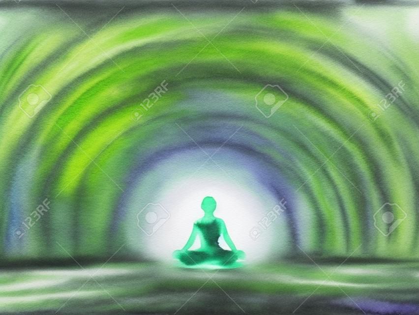 kolor czakry ludzki lotos poza joga w tunelu zielonego drzewa leśnego, abstrakcyjny świat, wszechświat w twoim umyśle mentalny, akwarela malarstwo ilustracja projekt ręcznie rysowane