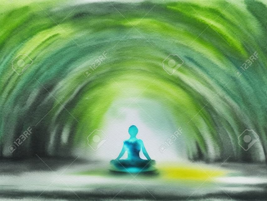 chakra color human lotus pose yoga in green tree forest tunnel, abstract world, universe inside your mind mental, watercolor painting illustration design hand drawn