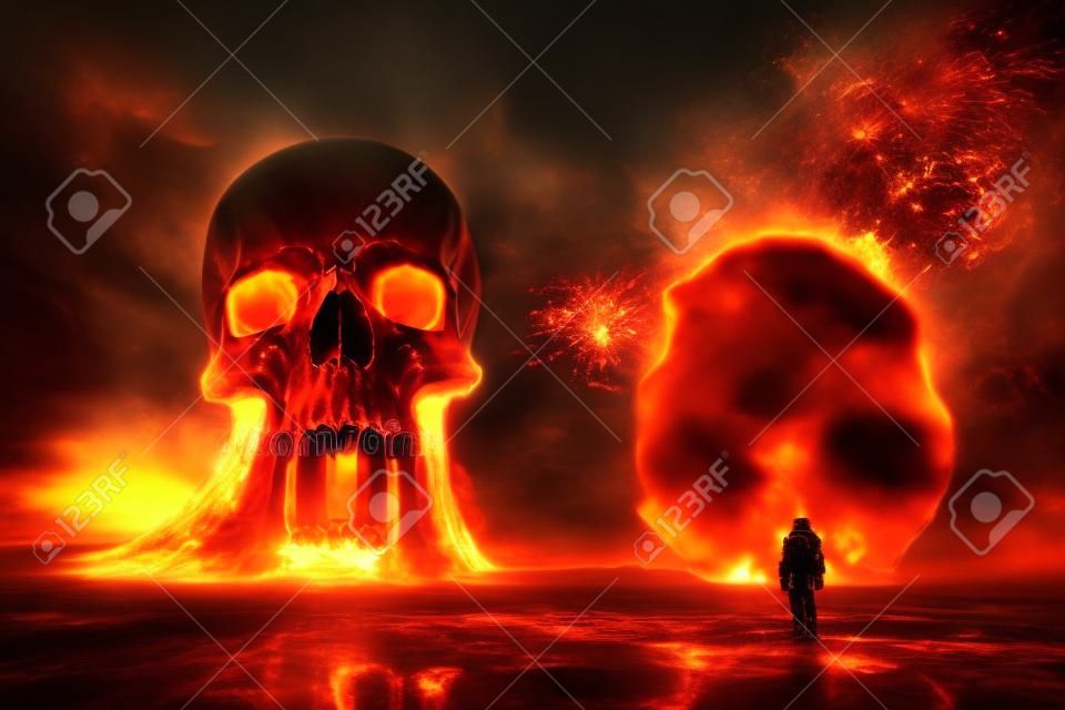 Cráneo en medio de una explosión en el horizonte de la ciudad. explosión nuclear con un hombre al atardecer de una guerra apocalíptica. nube de fuego en forma de hongo en forma de calavera en el cielo de una ciudad. ilustración digital 3d