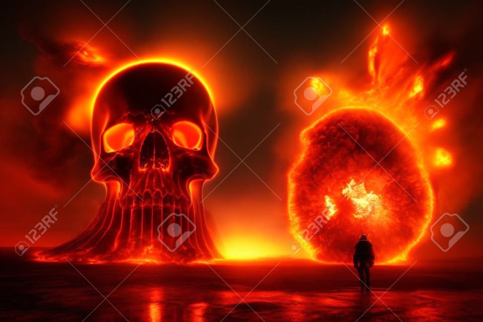 Skull in the middle of explosion in the city skyline. Nuclear explosion with a man at the sunset of an apocalyptic war. Skull-shape mushroom cloud of fire in the sky of a town. 3D digital illustration