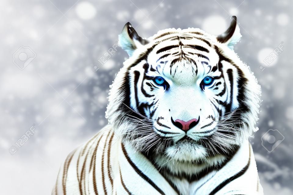 Gros plan d'une grosse tête de tigre blanc. tigre blanchi de l'inde dans une forêt enneigée et fond d'hiver avec espace de copie. rendu 3d.