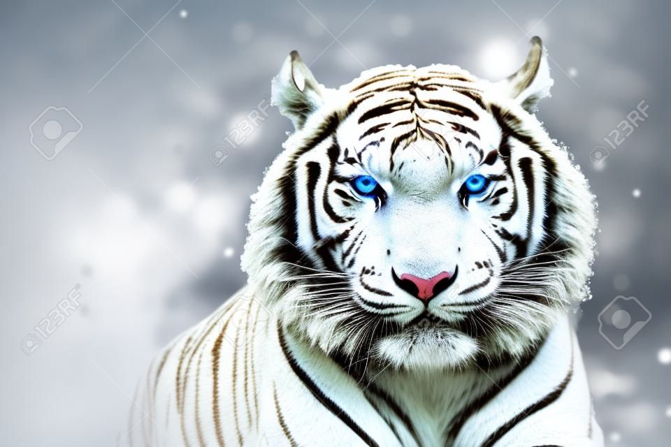 큰 흰색 호랑이 머리 닫습니다. 눈 덮인 숲과 복사 공간이 있는 겨울 배경에서 인도의 표백된 호랑이. 3d 렌더링.