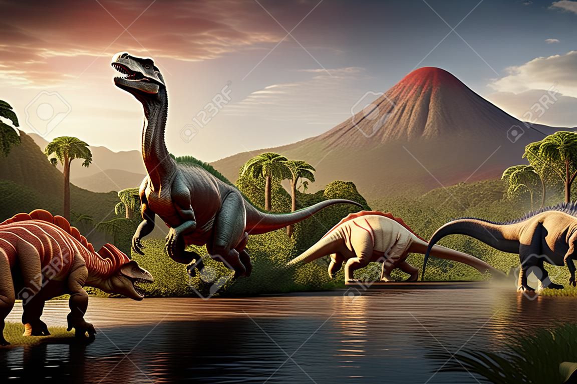 Dinosaurs in the nature park of the Jurassic period. Natural habitat and environment of the ancient dinosaurs with forests, lakes, and volcanoes. 3D rendering.