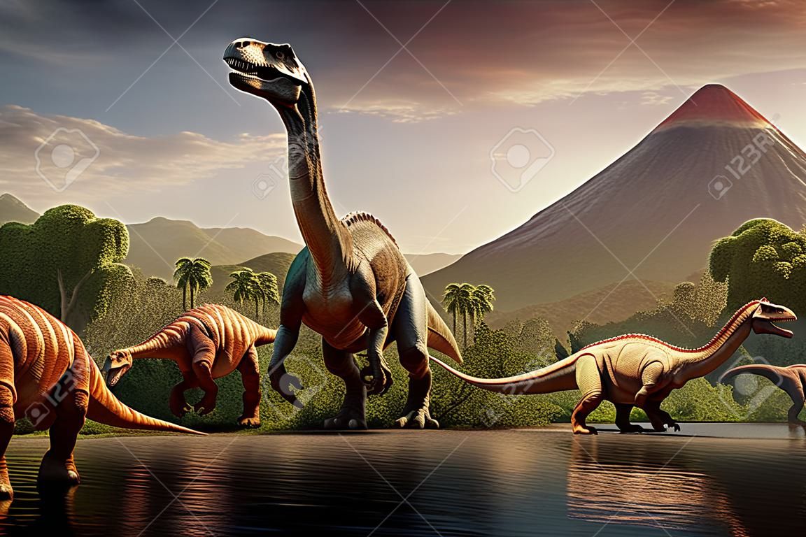 Dinosaurs in the nature park of the Jurassic period. Natural habitat and environment of the ancient dinosaurs with forests, lakes, and volcanoes. 3D rendering.