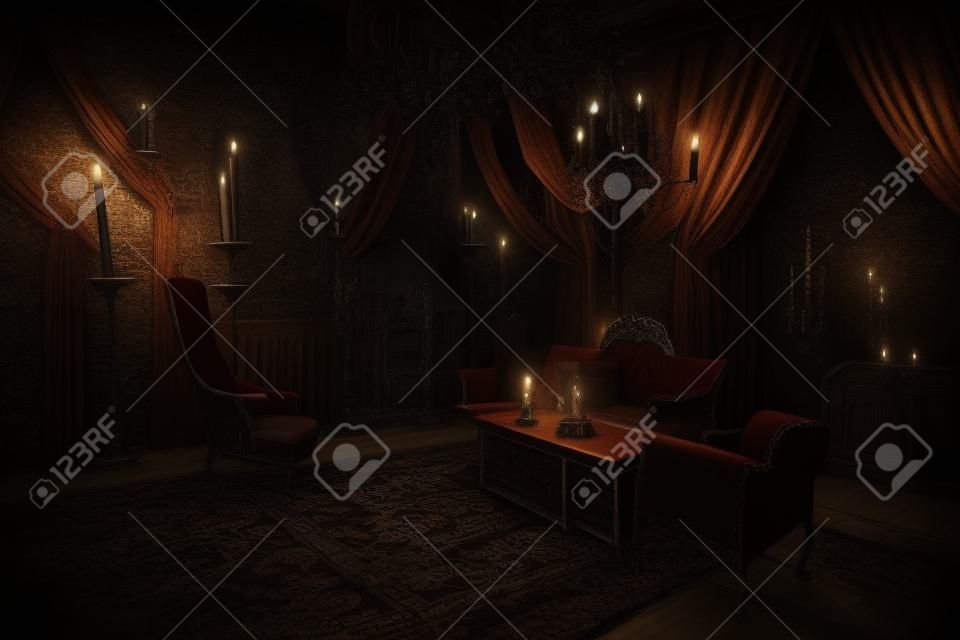 Gothic atmosphere inside of an ancient vampire castle living room with table, sofa and lounge chairs by candlesticks. 3D illustration and adventure games background.