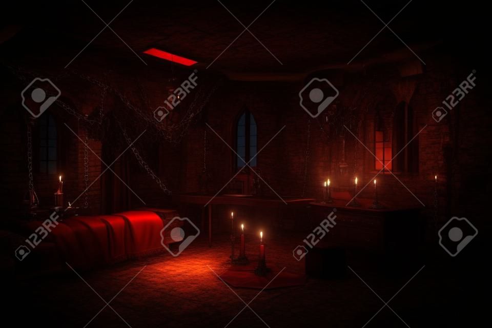 Wnętrze celi zamku Drakuli z łańcuchami przy świecznikach, biurku i łóżku. horror halloweenowy. kryty transylwańskich więzień lochów wampirów na tle gier. ilustracja 3D.
