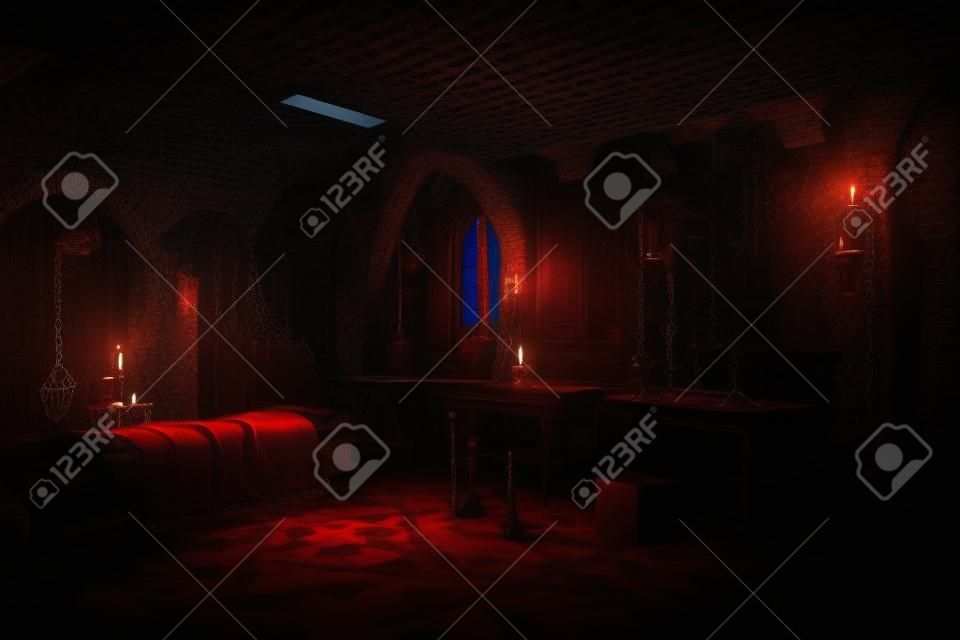 Wnętrze celi zamku Drakuli z łańcuchami przy świecznikach, biurku i łóżku. horror halloweenowy. kryty transylwańskich więzień lochów wampirów na tle gier. ilustracja 3D.