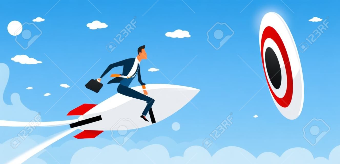 Businessman flying forward with a rocket engine to big target. Business vector concept illustration