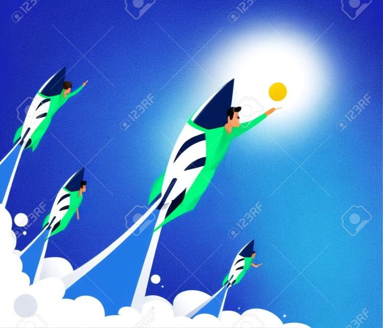 Businessmen team standing on rocket ship flying through on sky. Start up business concept. Vector flat.