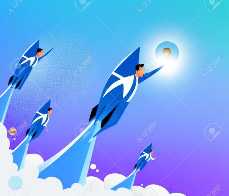 Businessmen team standing on rocket ship flying through on sky. Start up business concept. Vector flat.
