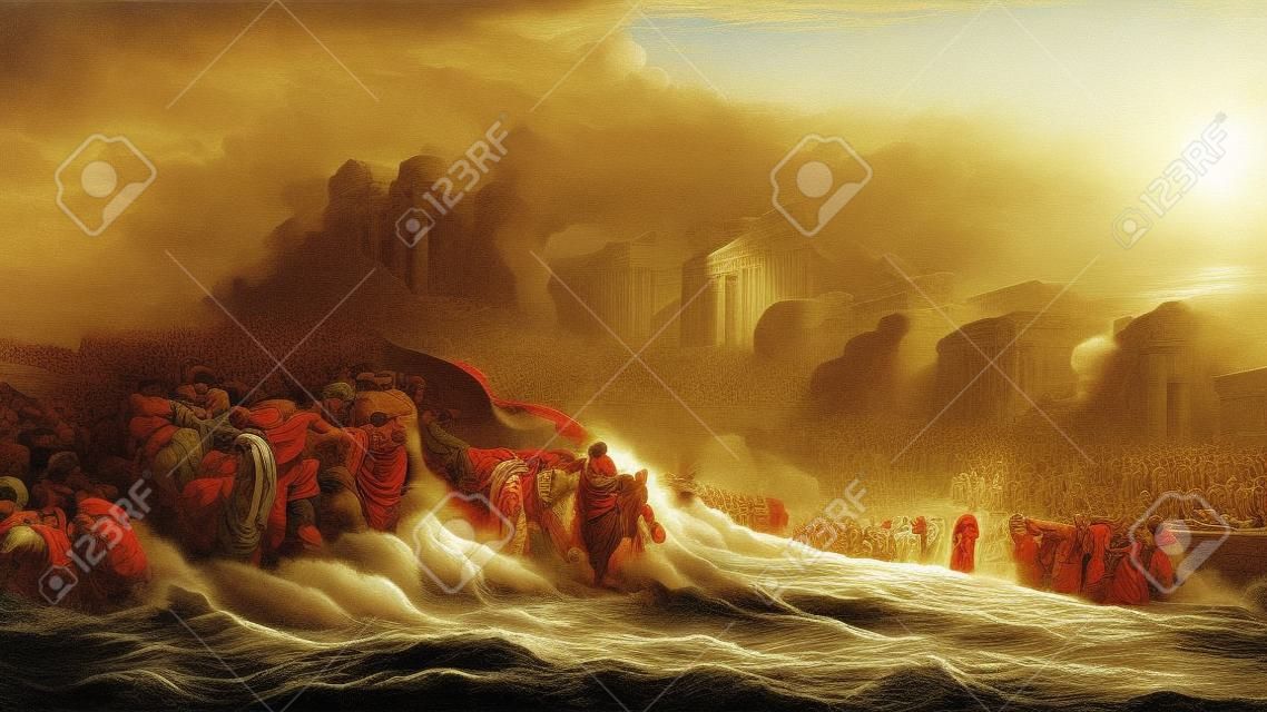 Ilustracja biblijnego exodusu, Mojżesz przekraczający morze czerwone z Izraelitami, ucieczka przed Egipcjanami