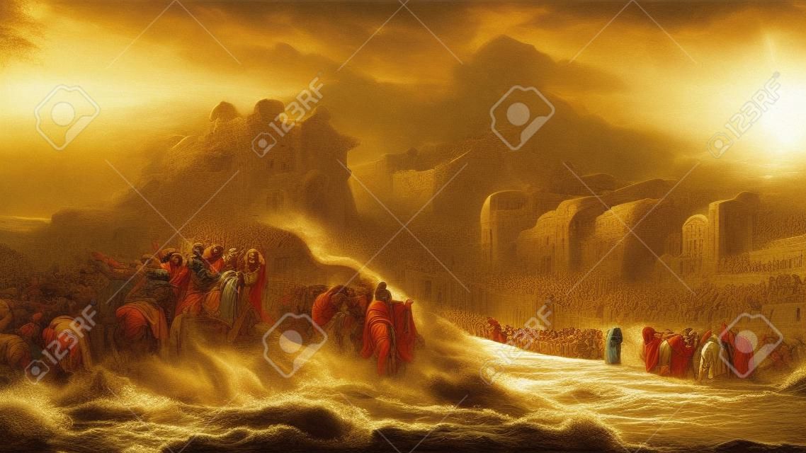 Illustration of the Exodus of the Bible, Moses crossing the Red Sea with the Israelites, escape from the Egyptians