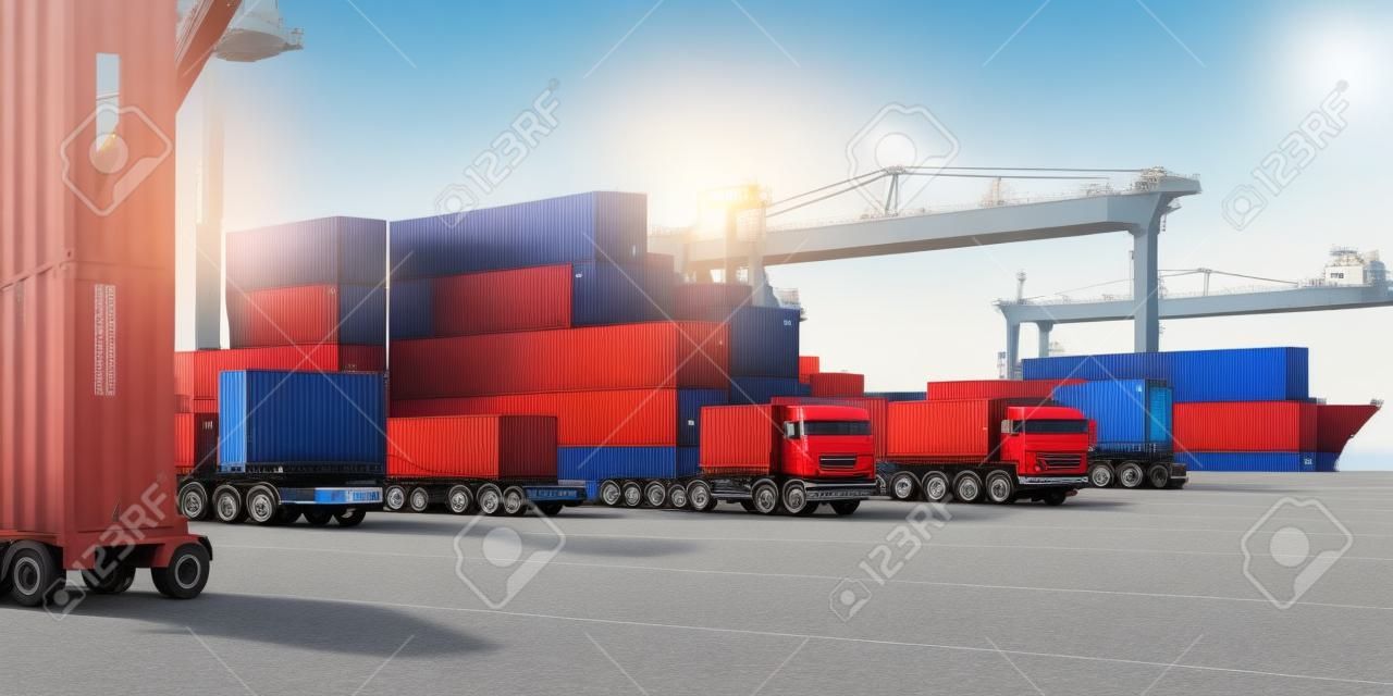 Camion portacontainer nel porto della nave per la logistica e il trasporto aziendale
