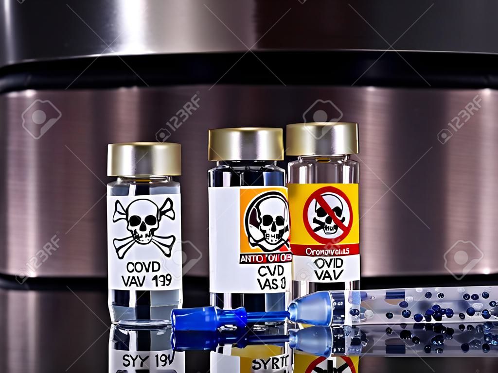Two bottle one with a skull and one vial vaccine anti-vax activists covid-19 and syringe. Coronavirus covid-19 concept.