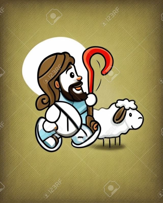 Mão desenhada ilustração vetorial ou desenho de um sorriso Jesus Bom Pastor com uma ovelha em um desenho animado