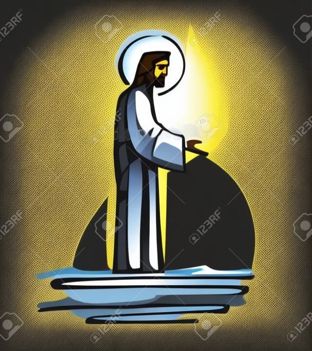 Hand drawn vector illustration or drawing of Jesus Christ walking on the water offering an open hand