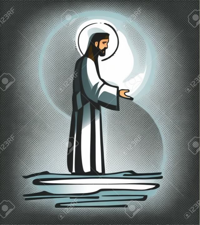 Illustrazione disegnata a mano di disegno vettoriale o di Gesù Cristo che cammina sulle acque che offre una mano aperta