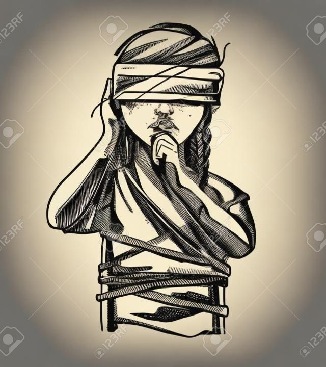 Illustrazione disegnata a mano di disegno vettoriale o di una donna legata con una benda sugli occhi che rappresenta il problema sociale della violenza contro le donne
