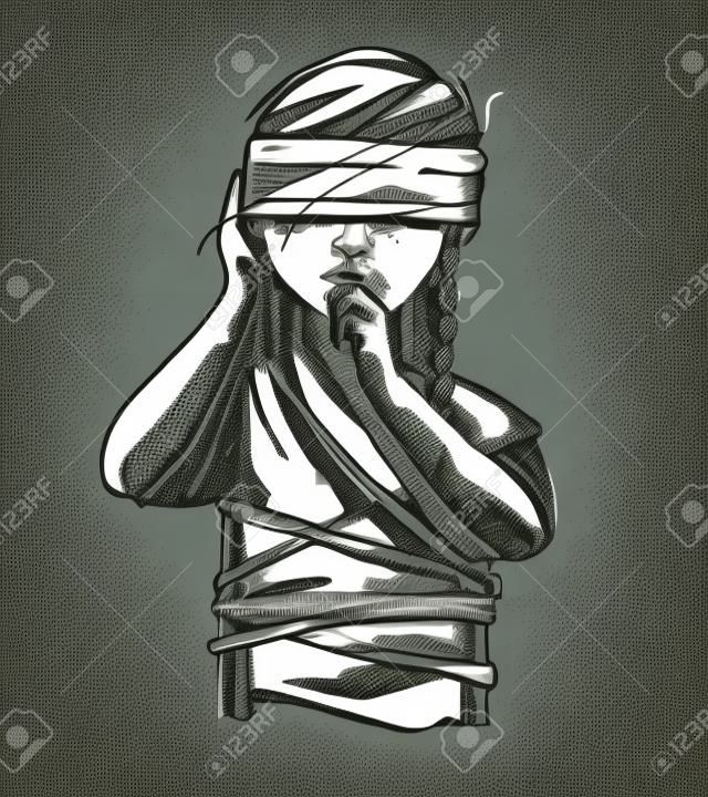 Illustrazione disegnata a mano di disegno vettoriale o di una donna legata con una benda sugli occhi che rappresenta il problema sociale della violenza contro le donne