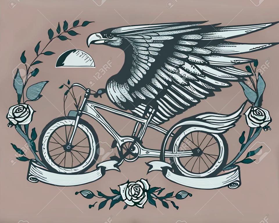 Tiré par la main illustration vectorielle ou le dessin d'une bicyclette avec des ailes d'aigle, des roses et une couronne