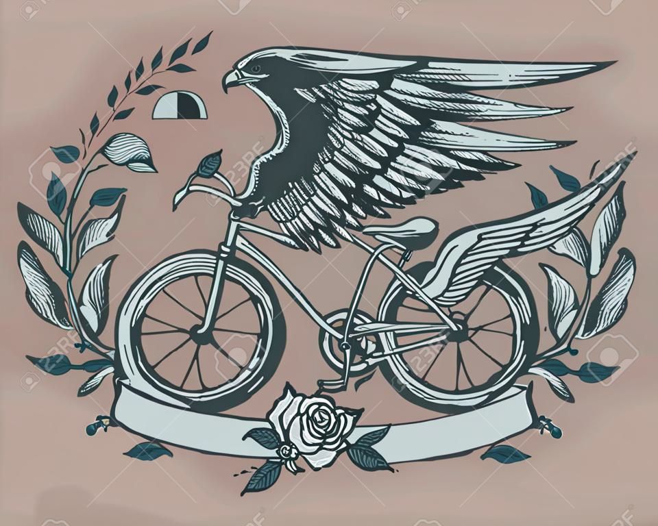 Tiré par la main illustration vectorielle ou le dessin d'une bicyclette avec des ailes d'aigle, des roses et une couronne