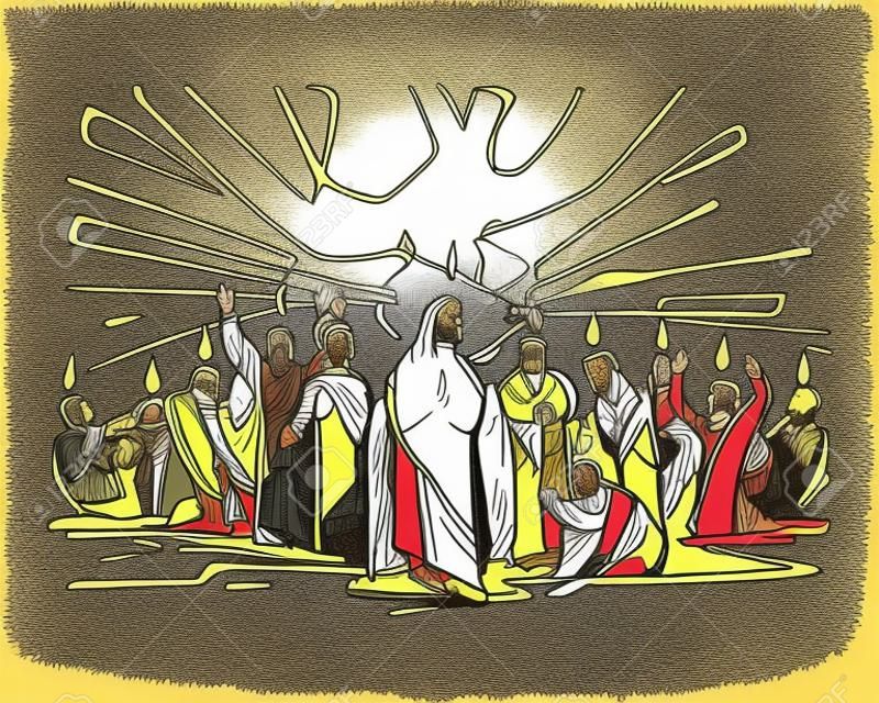 Met de hand getekend vector illustratie of tekening van de bijbelse scène van Pinksteren