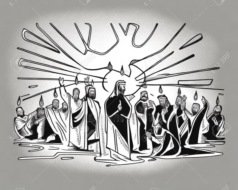 Hand drawn vector illustration or drawing of the biblical scene of Pentecost