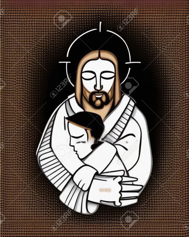 Ręcznie rysowane ilustracji wektorowych lub rysunek Jezusa Chrystusa Przytulanie mężczyzny