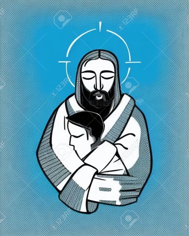 dibujado a mano ilustración de dibujo vectorial o de Jesucristo abrazando a un hombre