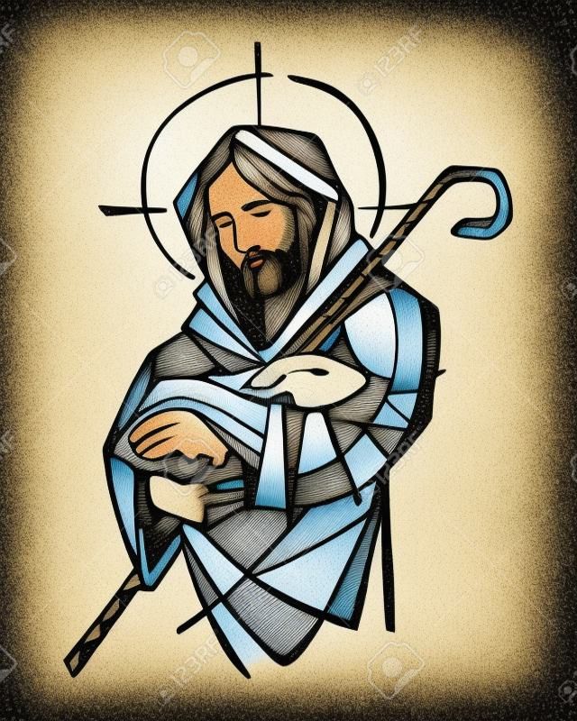 Hand drawn vector illustration ou un dessin de Jésus-Christ comme Bon Pasteur