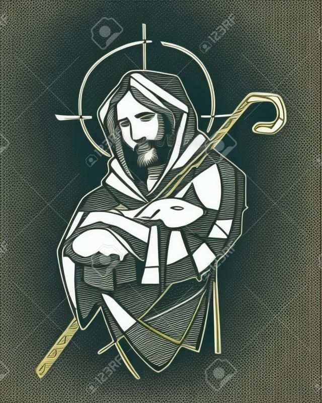 Hand drawn vector illustration or drawing of Jesus Christ as Good Shepherd
