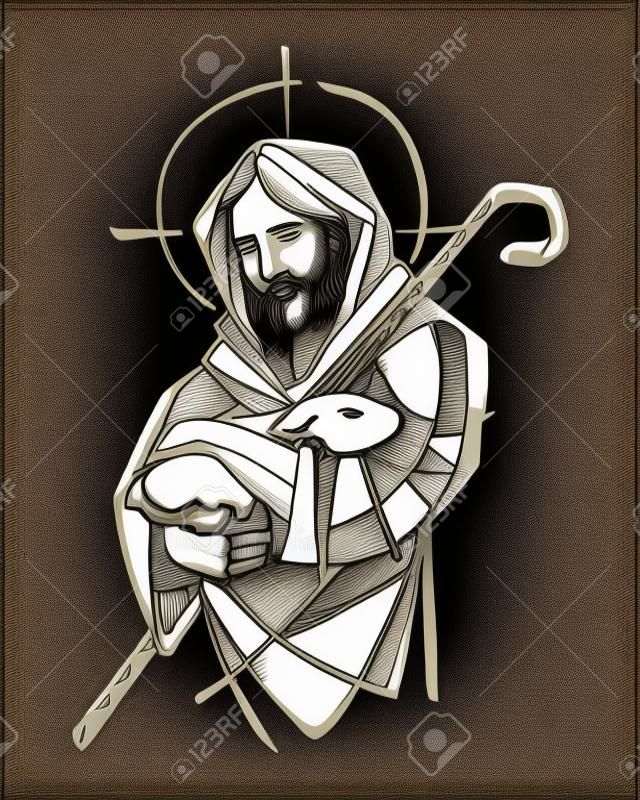 Hand drawn vector illustration or drawing of Jesus Christ as Good Shepherd